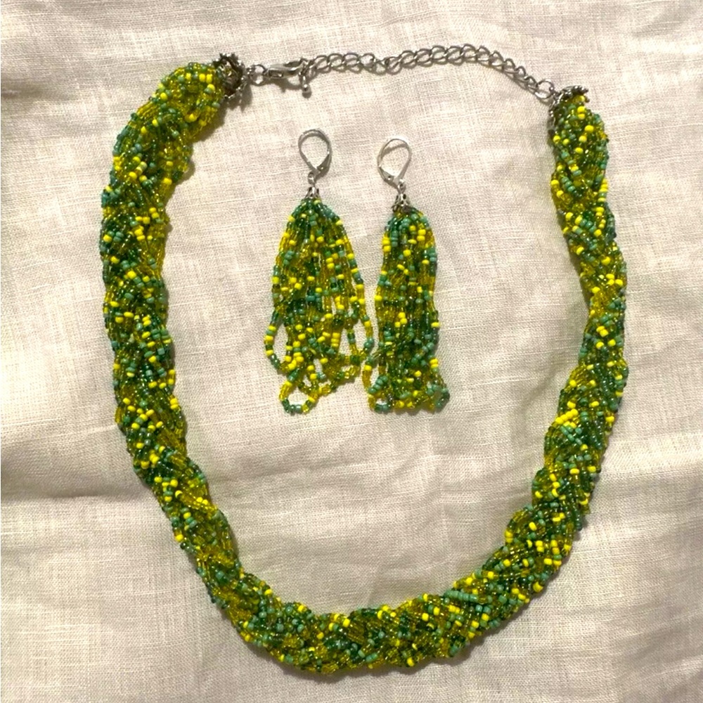 Braided Seed Bead Green Yellow Necklace Earrings Adjustable Silver Chain Boho